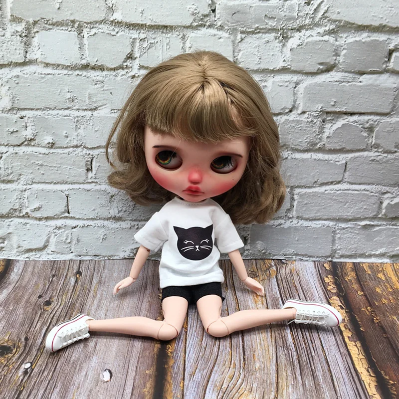 New Arrival Blyth Doll Clothes Cute Cat White T-shirt and Black Shorts Suit for Blythe OB22 OB24 Azone Pullip Dolls Accessories - Image 2